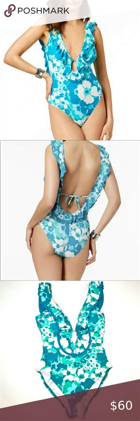 Nwot Michael Kors Ruffle Deep V Neck Swimsuit Scoop Back One Piece