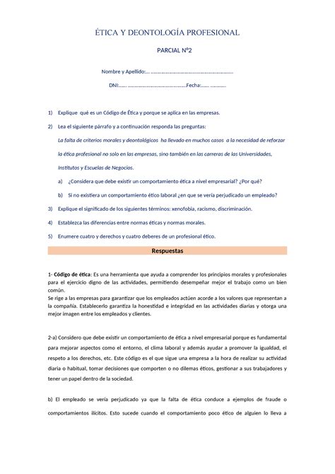 Segundo Parcial Ética ÉTICA Y DEONTOLOGÍA PROFESIONAL PARCIAL N