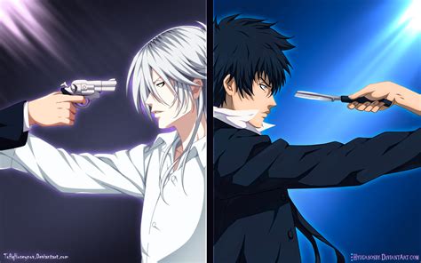 Pistol Psycho Pass Man Shougo Makishima Black Hair Shinya Kogami Gun Knife Anime White