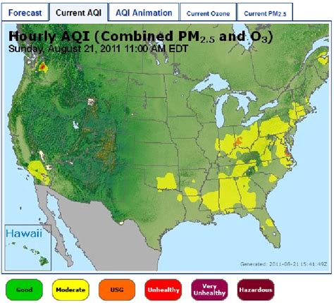 A U.S. national PM 2.5 -O 3 combined AQI map (Source: AIRNow 2011 ...