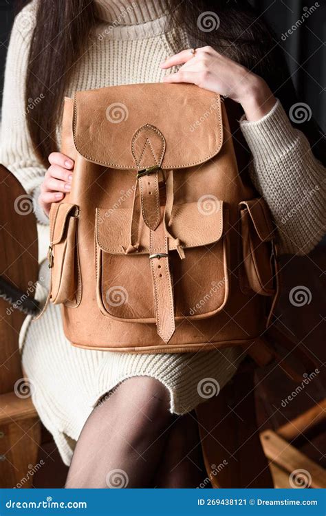 Photo Of A Light Brown Leather Backpack With Antique And Retro Look