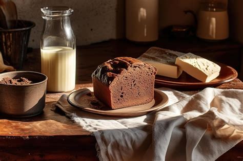 Una Mesa Con Un Plato De Pan Y Un Vaso De Leche Con Chocolate Foto