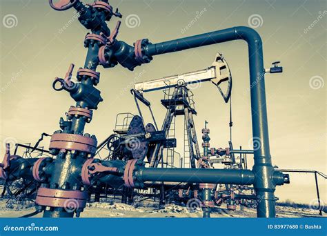 Group Of Wellhead Oilfield With Sand Ground Stock Photo Image Of