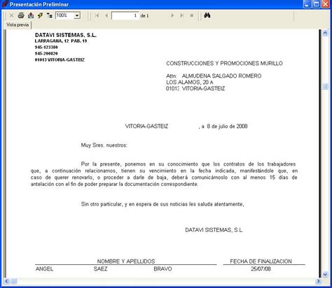 Carta Aviso Finalización De Contrato