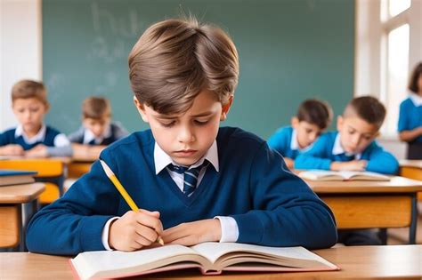 Menino de escola cansado aluno entediado na escola aluno criança lendo