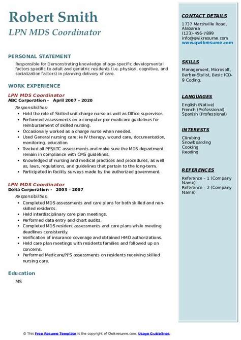 Lpn Mds Coordinator Resume Samples Qwikresume