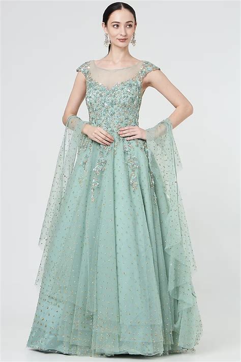 Foam Green Tulle Embroidered Gown With Stole By Nitika Gujral At Pernia