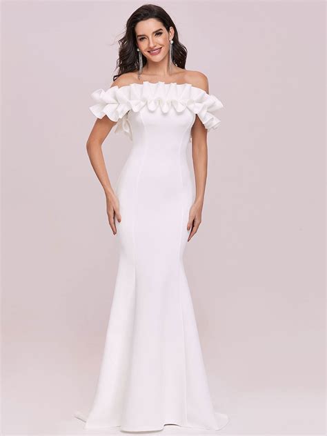 White Evening Dress Mermaid Bateau Neck Sleeveless Backless Ruffles