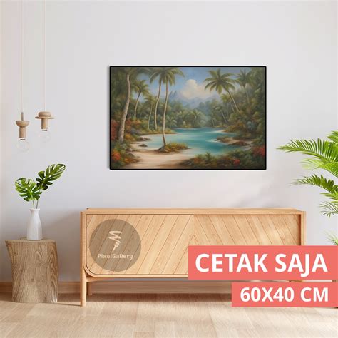 Jual Lukisan JUMBO 60x40 Pemandangan Danau Pohon Kelapa Hiasan Dinding