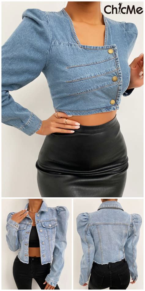 Button Design Denim Puffed Sleeve Top Denim Fashion Office Outfits