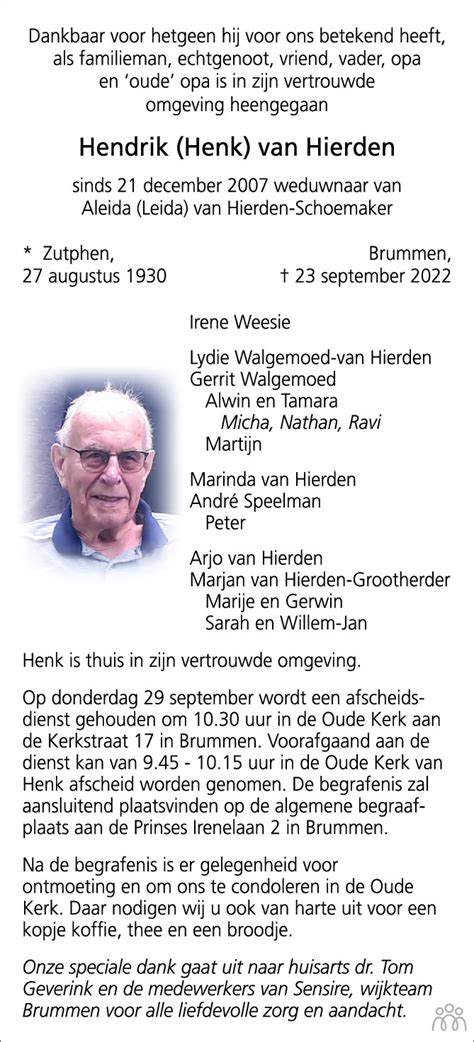 Hendrik Henk Van Hierden 23 09 2022 Overlijdensbericht En