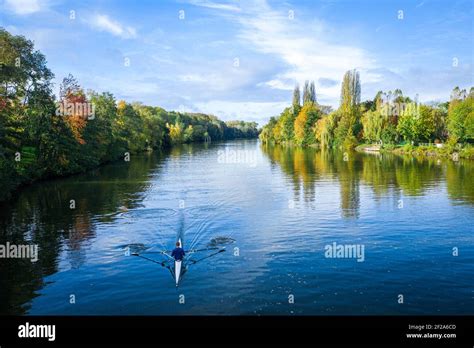 Drone View Of A Rowing Boat Single Skull On The Oise River Butry Sur
