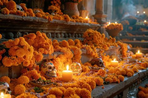 Day Of The Dead Altar With Marigold Flowers And Skulls Stock Image Image Of Spiritual