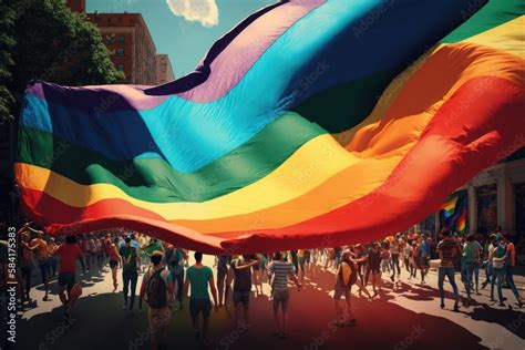 Rainbow Colors Flag Waving Over People Crowd LGBT Gay Pride Concept