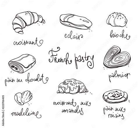 French Pastry Traditional Baked Desserts Black And White Vector