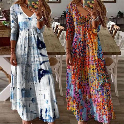 Langarm Boho Maxi Urlaub Wickelkleid Party Sommerkleid V Ausschnitt