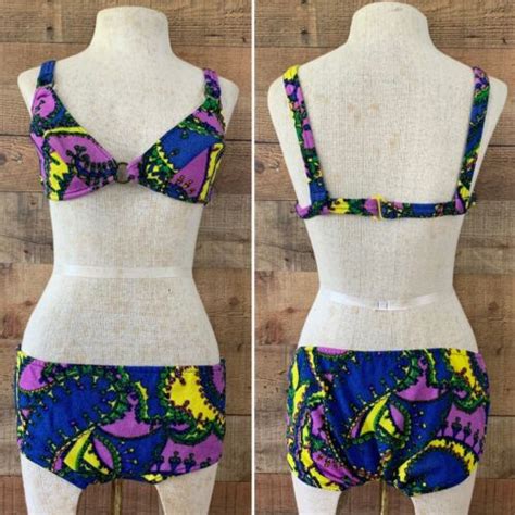 Vintage S Bikini Swimsuit Psychedelic Floral Print Gem