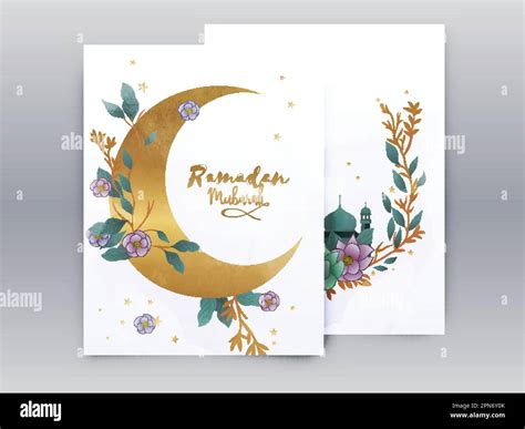 Ramadan Mubarak Greeting Card Decorated With Golden Crescent Moon