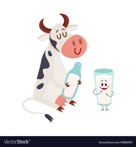 Funny smiling farm cow sitting glass of milk Vector Image