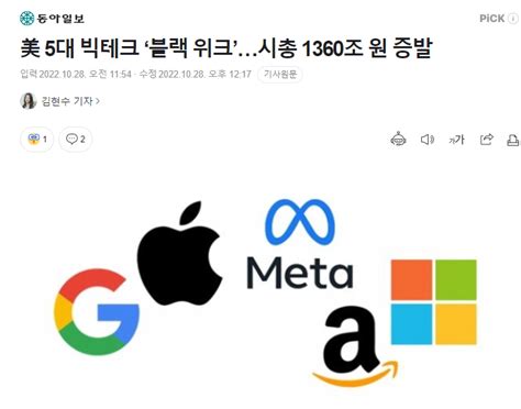 美 5대 빅테크 ‘블랙 위크시총 1360조 원 증발 유머움짤이슈 에펨코리아