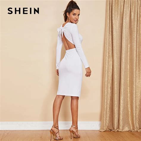 Buy Shein White Backless Knot Bodycon Solid Dress Sexy Knee Length Long Sleeve