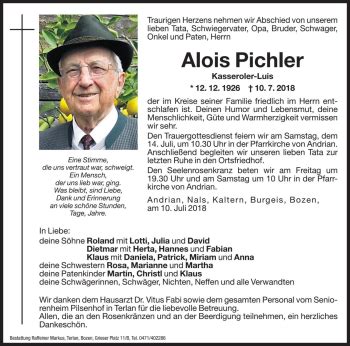 Traueranzeigen Von Alois Pichler Trauer Bz