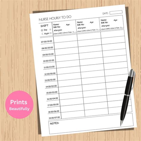 Nurse Hourly To Do Printable Nurse Shift Planner Patient Medsurg