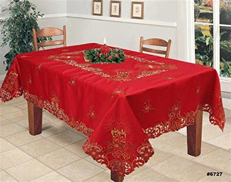 Creative Linens Holiday Christmas Embroidered Poinsettia Candle Bell Tablecloth 68 Round With 8