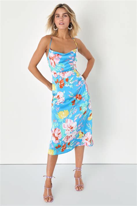 Blue Floral Satin Dress Cowl Neck Dress Backless Midi Dress Lulus