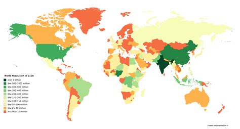 Map of World Population in 2100: (Top 4: India [~1.5 billion], China ...