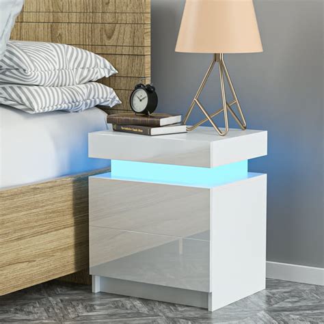 Set Of 2 2 Drawer Nightstand With Led Lights White High Gloss