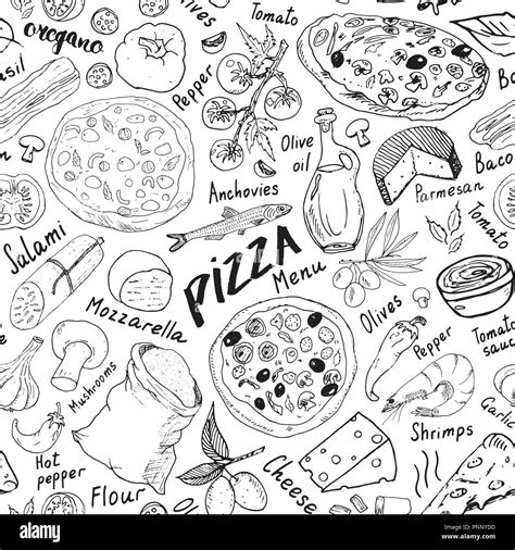 Pizza Seamless Pattern Hand Drawn Sketch Pizza Doodles Food Background