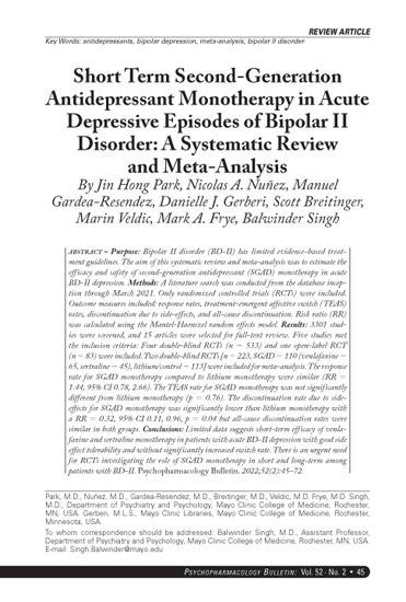 Short Term Second Generation Antidepressant Monotherapy In Acute