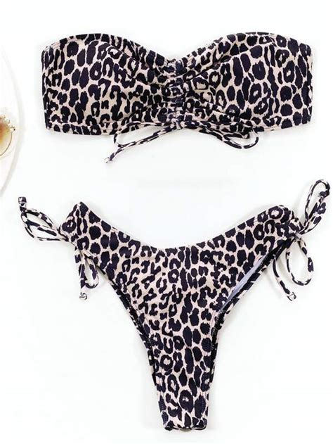 Shein Swim Vcay Leopard Bikini Set Bandeau Bra Scrunch Butt High Cut