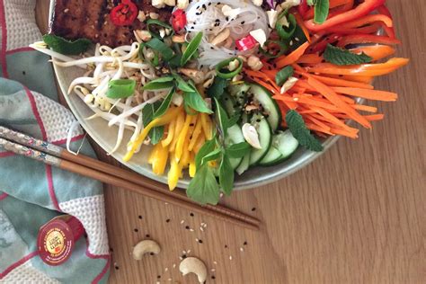 Vietnamese Sticky Tofu With Rainbow Veggie Noodle Bowl Asian Inspirations