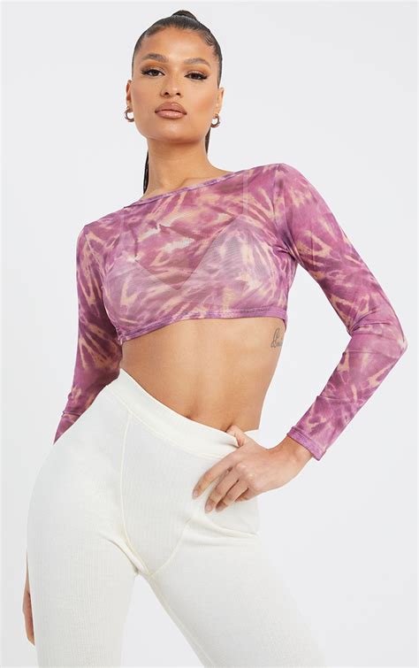 Purple Mesh Printed Long Sleeve Crop Top Prettylittlething