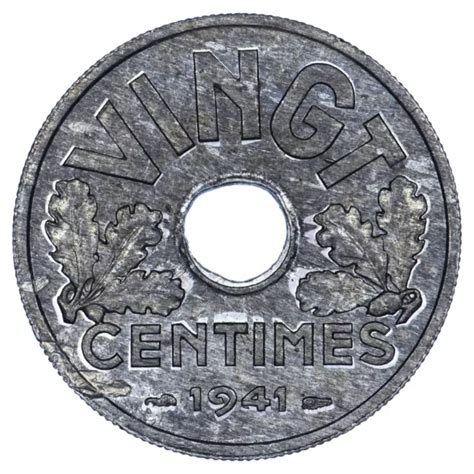 FRANCE 20 CENTIMES 1941 VINGT Etat Français flan paillé SUP Zinc