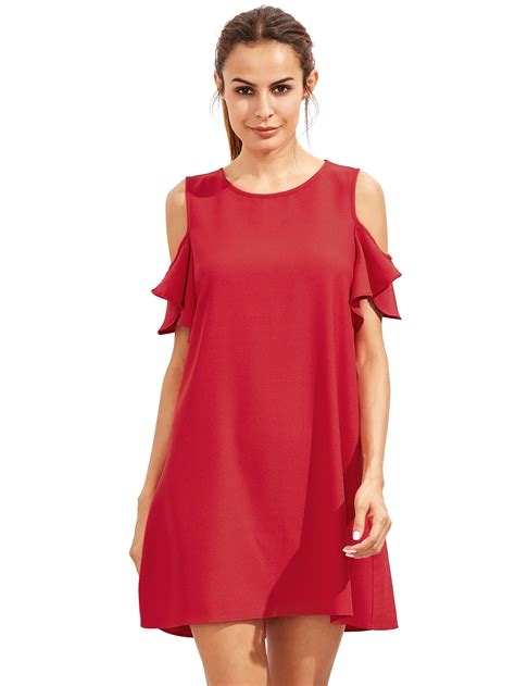 Burgundy Cold Shoulder Ruffle Sleeves Shift Dress Shift Dress Short