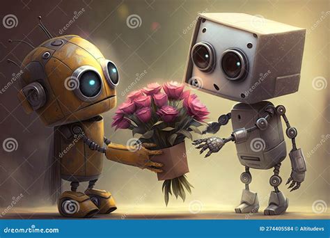 Cute Robot Surprises His Friend With A Bouquet Of Flowers Stock Illustration Illustration Of