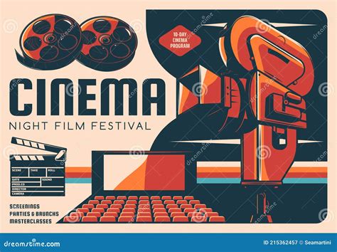 Cinema Night Film Festival Vector Retro Poster Stock Vector - Illustration of program, camcorder ...