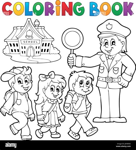 Libro para colorear los alumnos y policía eps10 ilustración vectorial