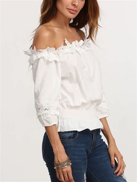 Bluse Schulterfrei mit Rüschen weiß German SheIn Sheinside Tops