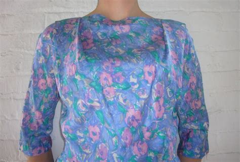 1950s Blue Floral Silk Dress Vintage Watercolor Mid C Gem