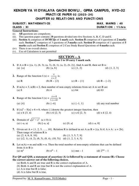 Maths Class Xi Chapter 02 Relations And Functions Practice Paper 02 Pdf Function