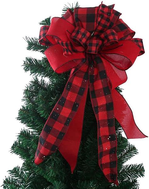 Dryen Christmas Tree Topper Buffalo Plaid Decorative Bow Burlap Red