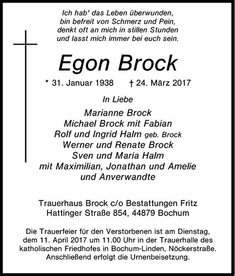 Traueranzeigen Von Egon Brock Trauer In NRW De