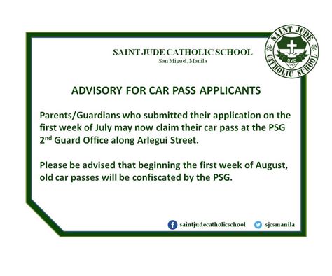 Advisory For Car Pass Applicants Saint Jude Catholic School