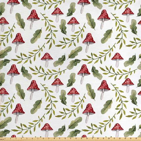 Mushroom Fabric By The Yard Watercolor Pattern Green Leaves Forest