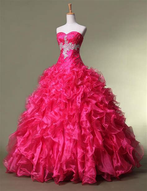 Hot Pink Quinceanera Dresses 2015 Sweetheart Organza Beaded Ruffles Ball Gown Quince Dress Sweet