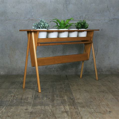 Mid Century Oak Plant Stand Display 1 Mustard Vintage